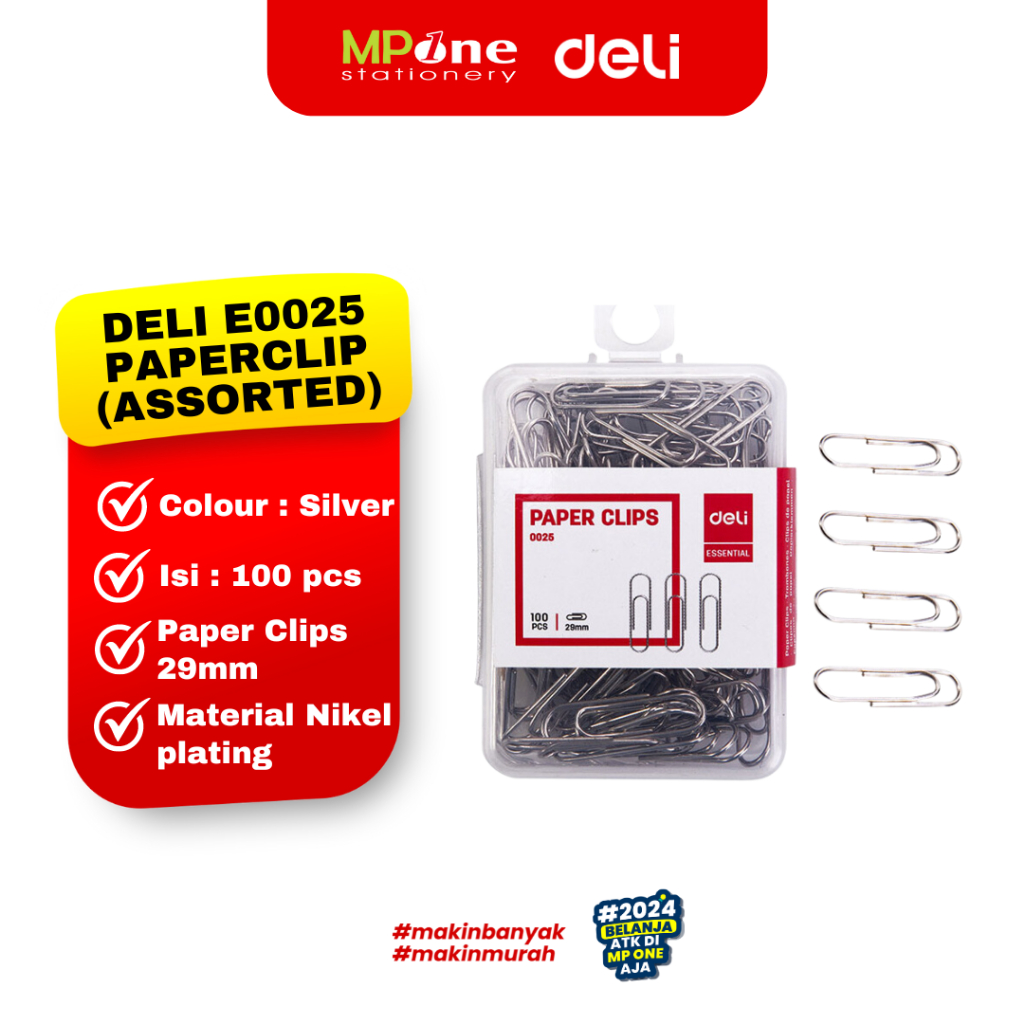 

DELI Paperclip Kertas Assorted E0025 / 1 Box Klip Kertas isi 100pcs Deli Silver
