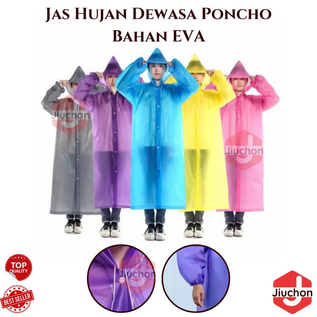 JIUCHON Jas Hujan Dewasa Poncho Bahan EVA Anti Air Mantel Hujan Korea Semi Transparan Jubah Terusan 