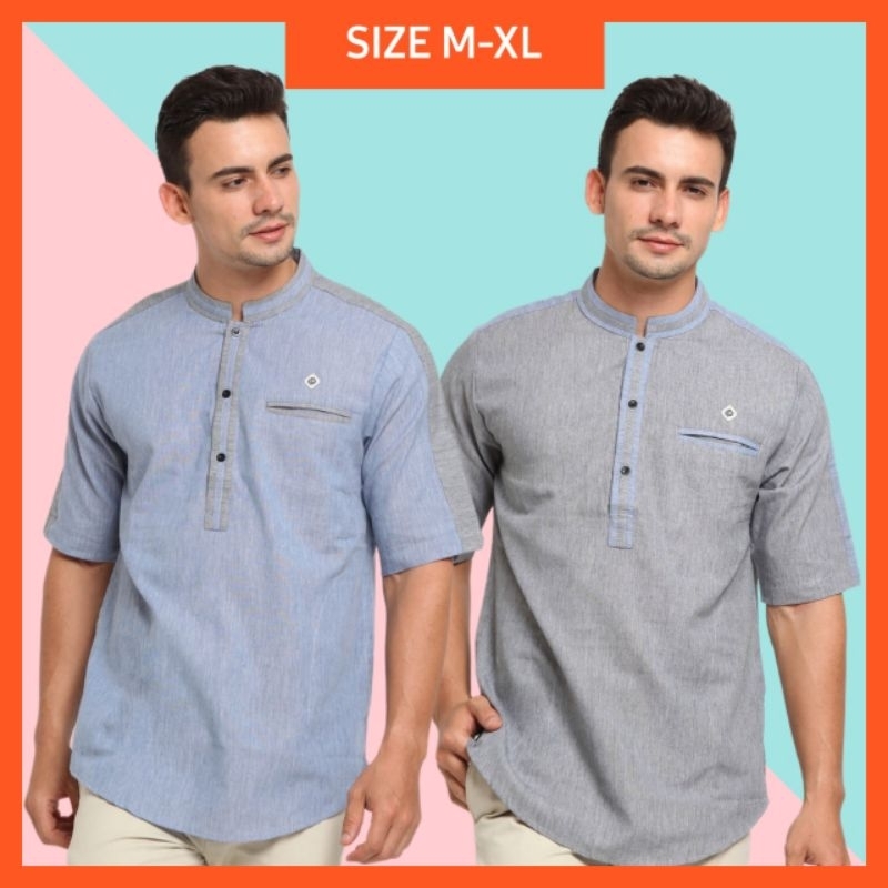 Baju Koko Kurta Lengan Pendek Biru Kombinasi Hitam Polos Casual Simpel .