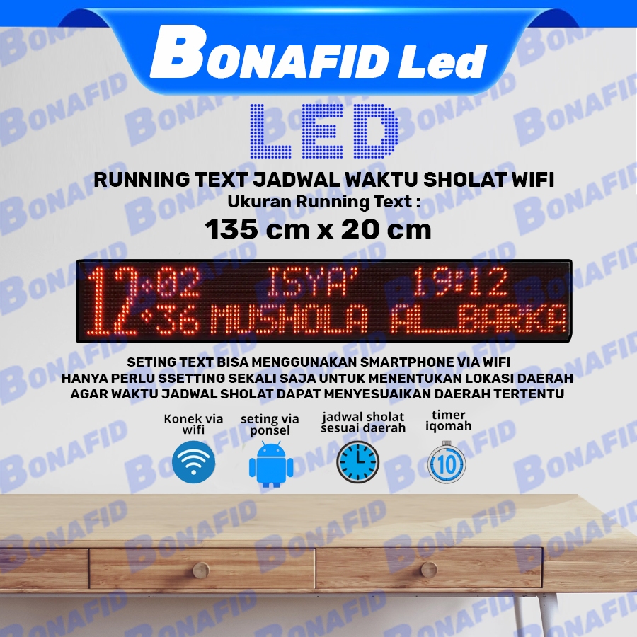 Jam masjid Jadwal sholat LED running text 130cm x 20cm bisa tartil