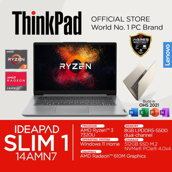 Lenovo Ideapad Slim 1 Ryzen 3 7320 8GB RAM 256GB SSD Windows 11 OHS 14 inch FHD Laptop 14AMN7