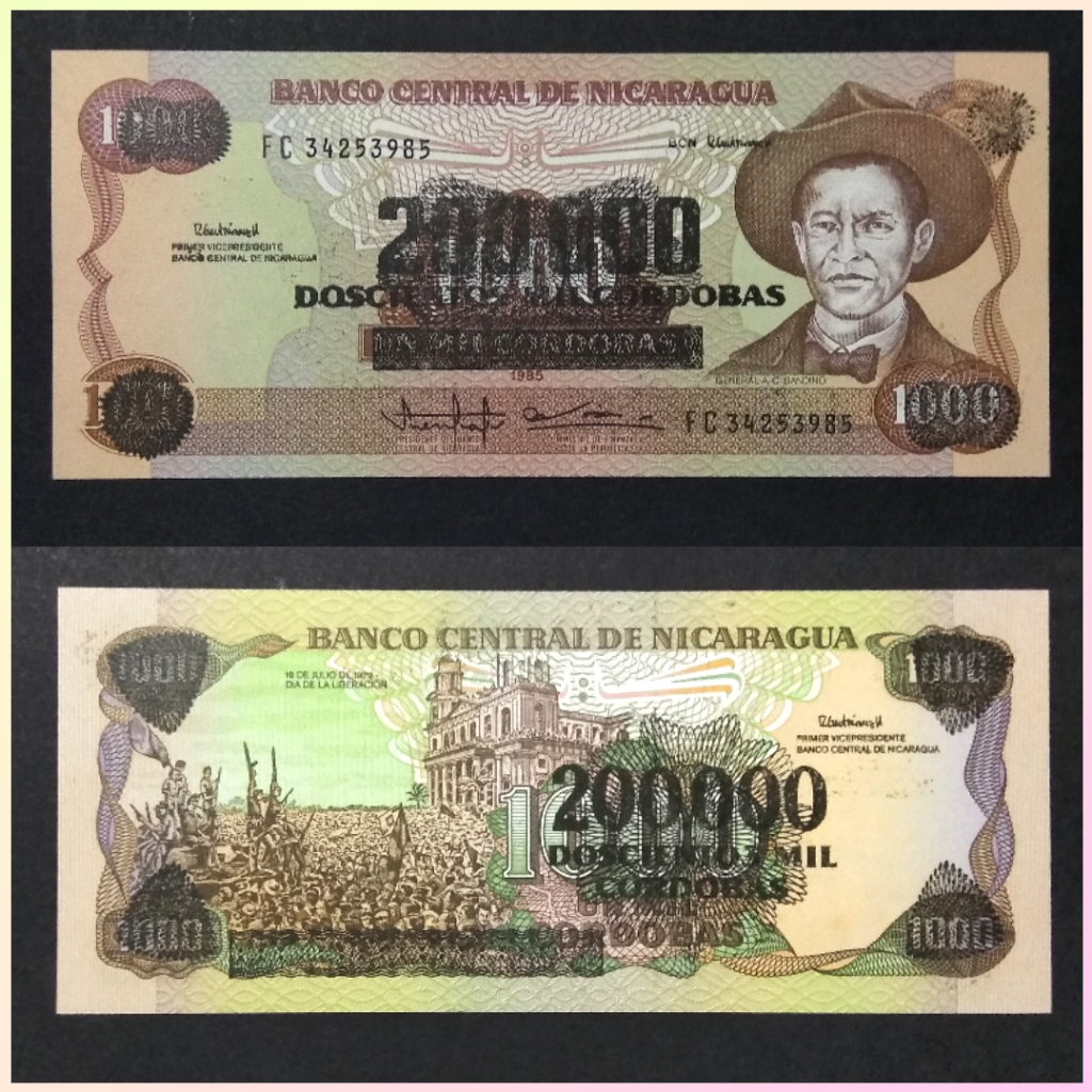 Uang Nicaragua 200000 Cordobas 1990 Overprinted