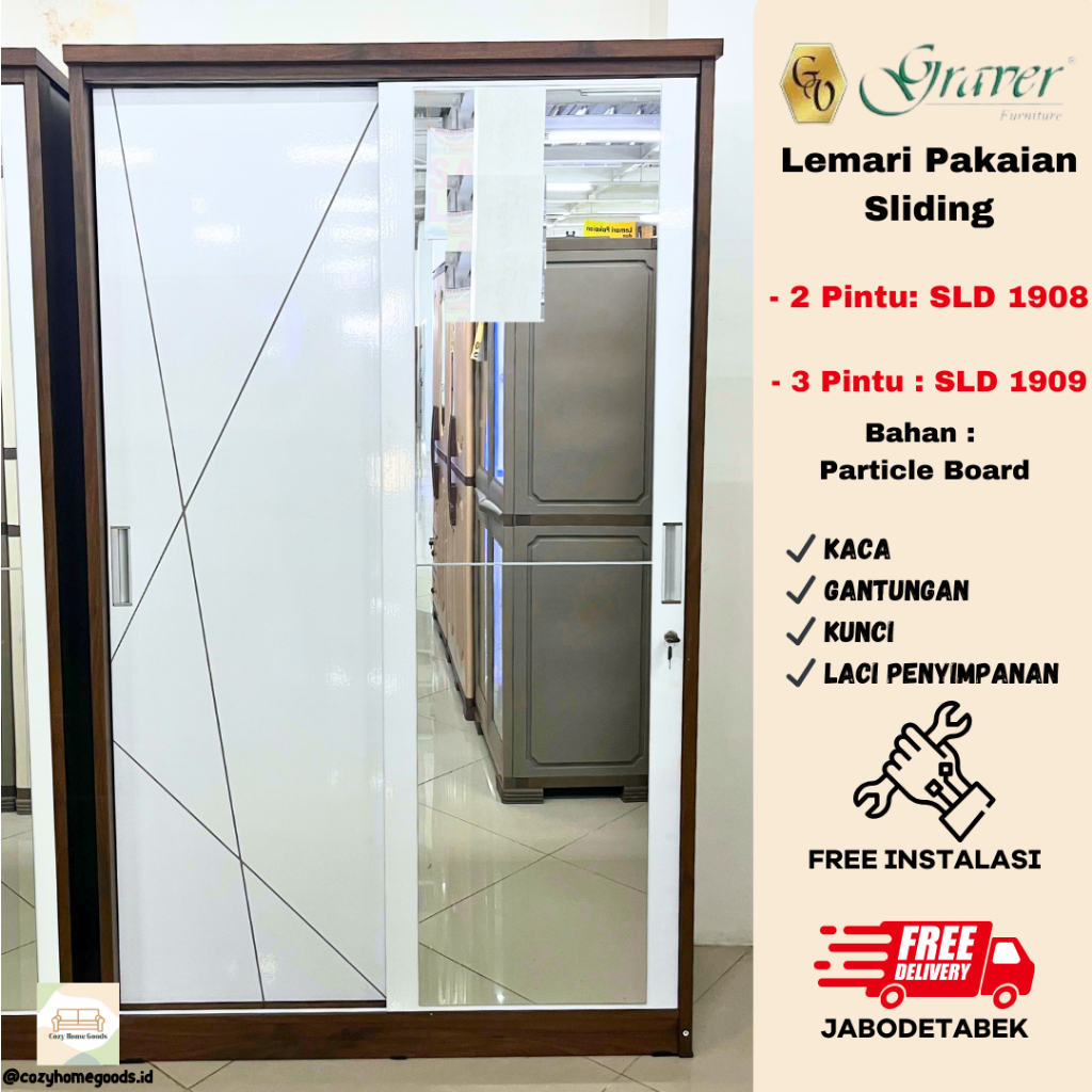 Lemari Baju Pakaian Sliding - Graver SLD 1908/1909 - 2/3 Pintu - Lemari Geser - Lemari Baju - Kaca