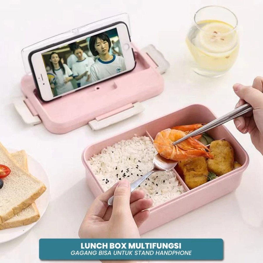 Lunch Box Kotak Makan Jerami Gandum 3 Sekat Set Sendok Garpu Grosir