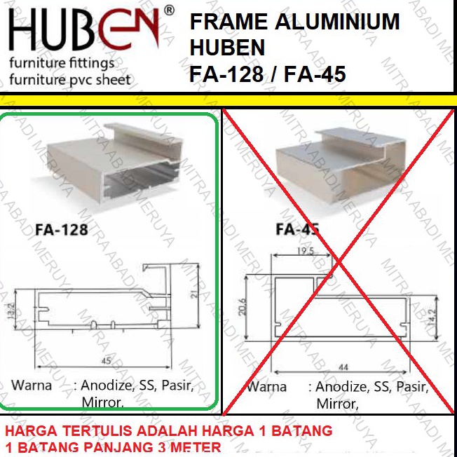 Ai Profil Frame Handle Alumunium Aluminium HUBEN FA 128 FA128 FA128