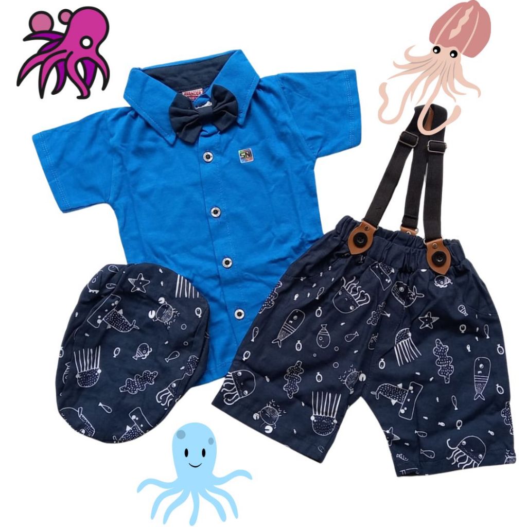 Setelan Baju Bayi Laki-Laki 3–12 Bulan Kemeja Kotak Dasi + Celana Suspender | Outfit Bayi Cowok Lucu