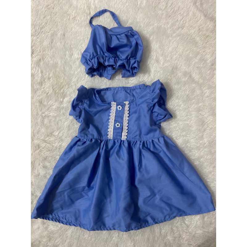 Preloved dress biru bayi 3-6 month bonus topi