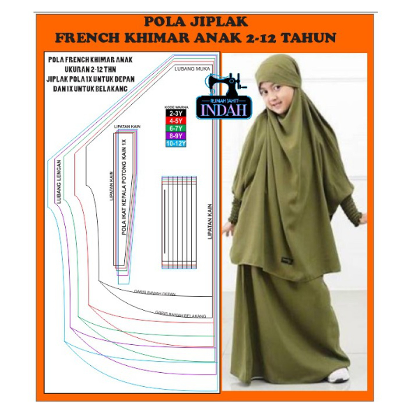 POLA JIPLAK FRENCH KHIMAR ANAK 2-12 TAHUN POLA JAHIT