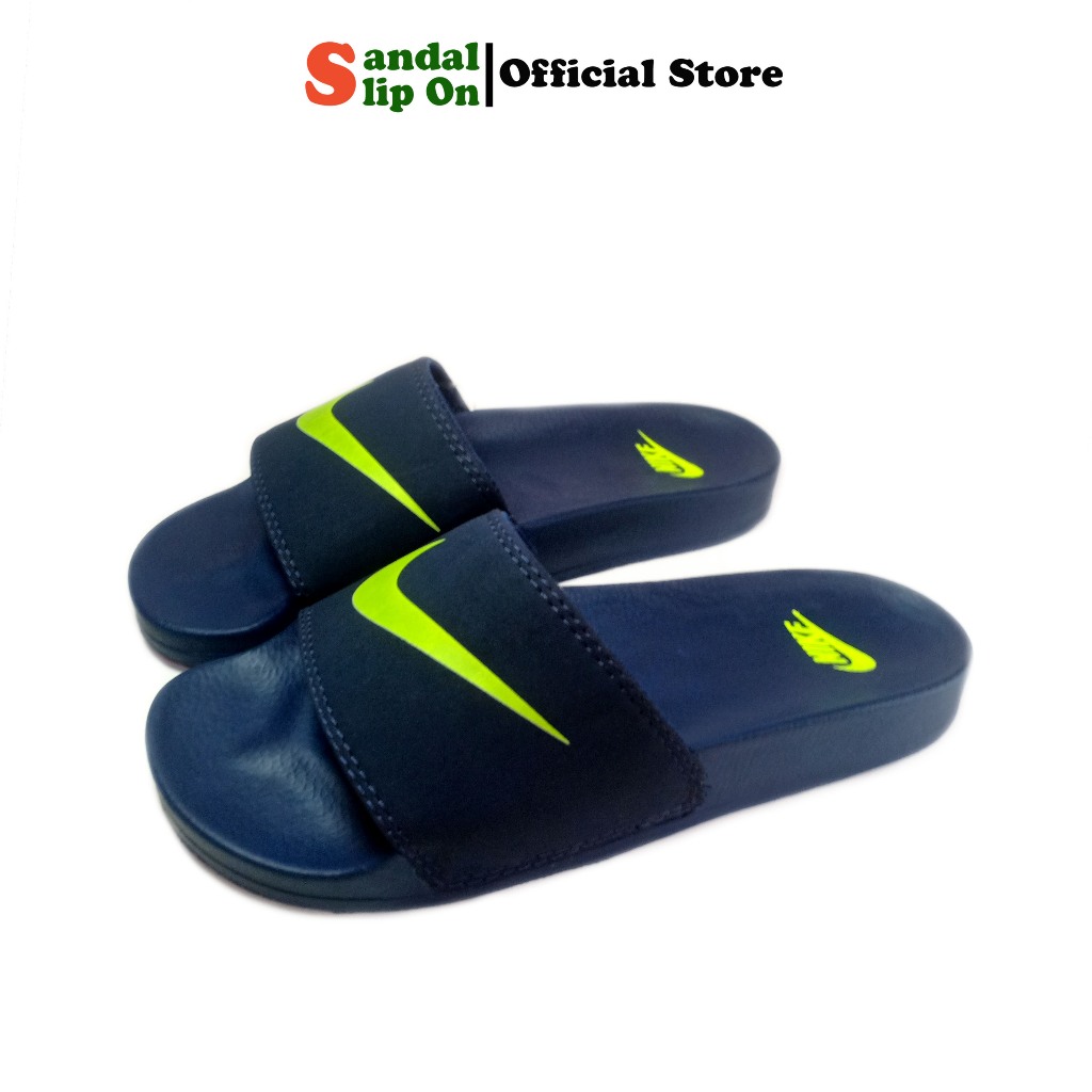 Sandal slide Casual Nlke pria wanita tipe selop warna Navy motif List Hijau Stabilo grade Up premium
