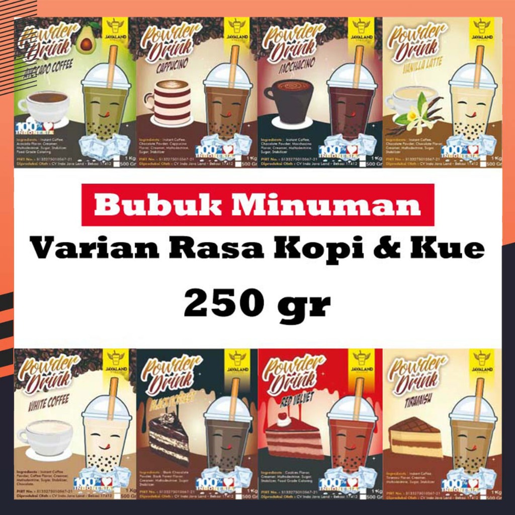 

Javaland Bubuk Minuman Reguler Plain Varian Rasa Kopi Dan Kue Kemasan Repack 250gr / 250 Gram