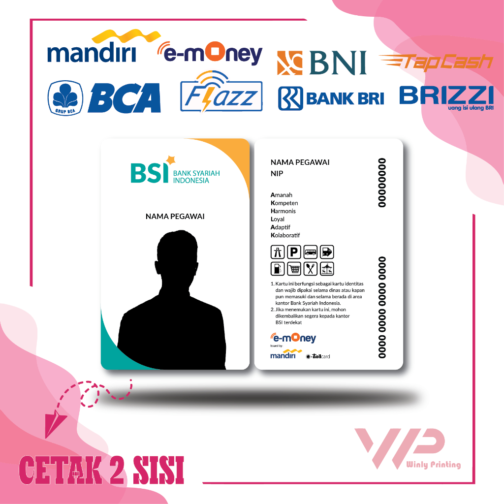 KARTU ID CARD BANK BSI NEW PEGAWAI E MONEY ETOLL MANDIRI FLAZZ BCA GEN 2 TAPCASH BRIZZI - 2 SISI
