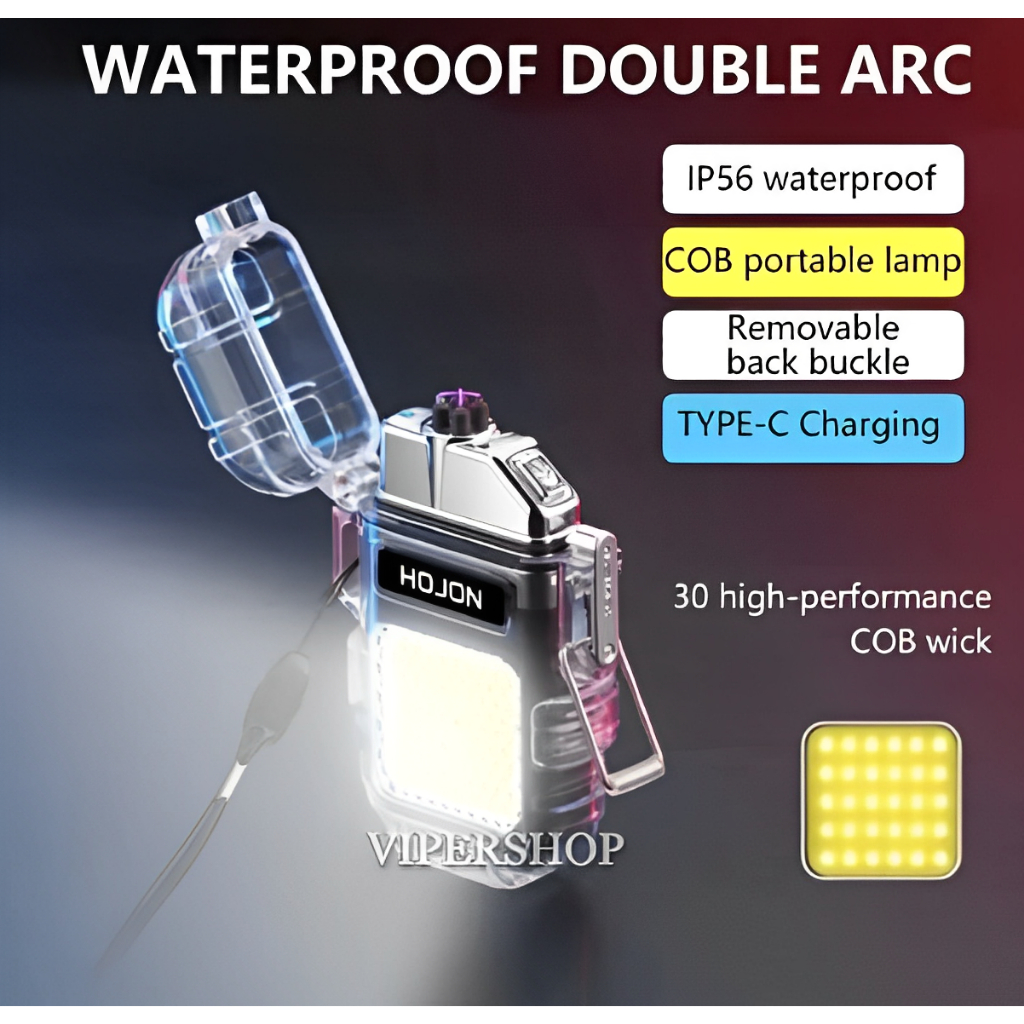 Korek Api Elektrik Plasma Arc Waterproof Plus Lampu Senter LED Mancis Unik