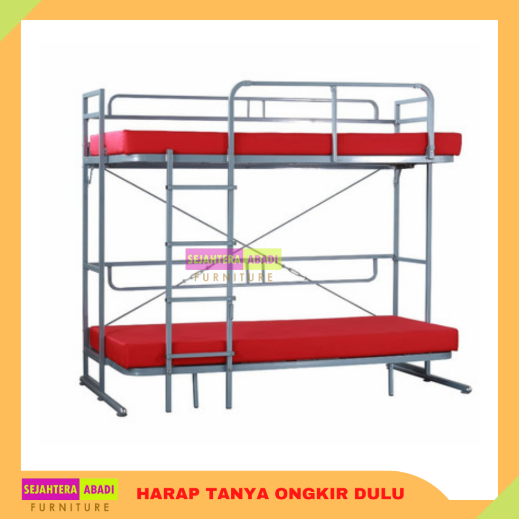 Betta Ranjang Susun lipat PLUS KASUR BUSA Ranjang Besi lipat pipa tebal Beta Melvin Maroon ranjang k