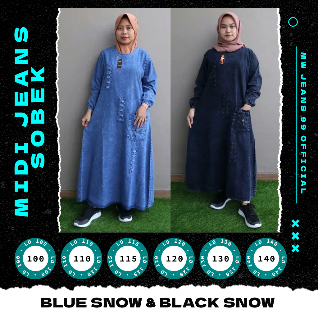 MIDI DRESS JEANS SOBEK WANITA /BLUE SNOW BLACK SNOW /BIG SIZE JUMBO BESAR LD 100 110 115 120 130 140