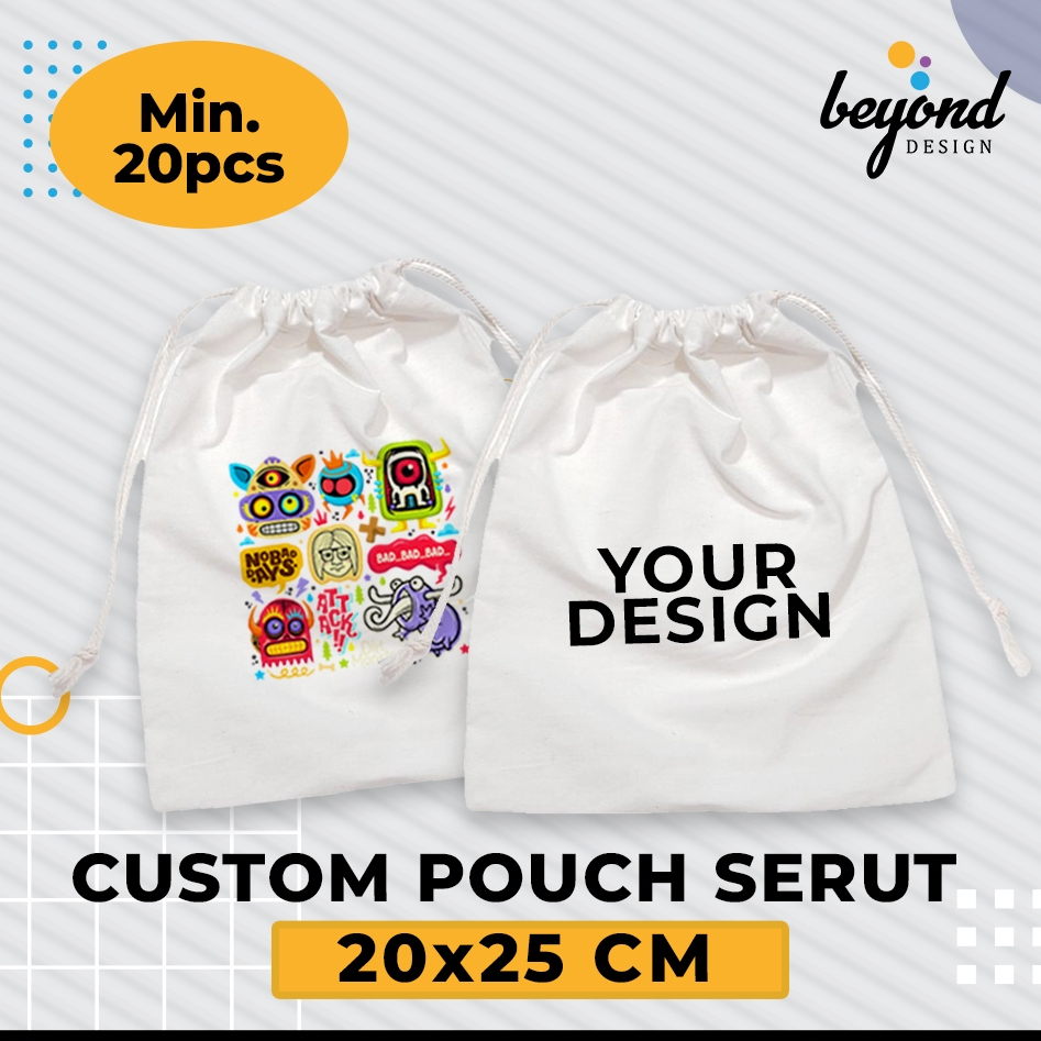 Pouch Serut Blacu Custom Logo/Gambar Souvenir Packaging uk 20x25cm