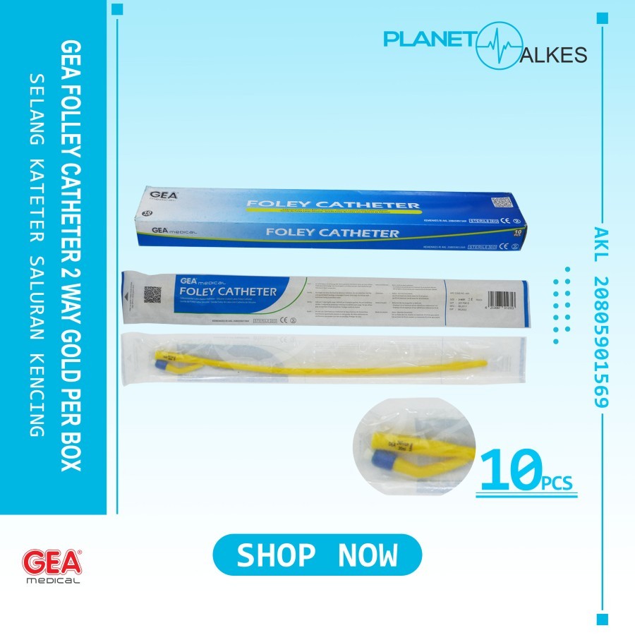 GEA Folley Catheter 2 Way Gold Per Box - Fr 12 14 16 18 20 22 24 Kateter