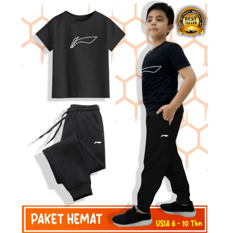 Set baju anak polos kaos katun combad dan celana joger panjang anak badminton bulutangkis pria wanit