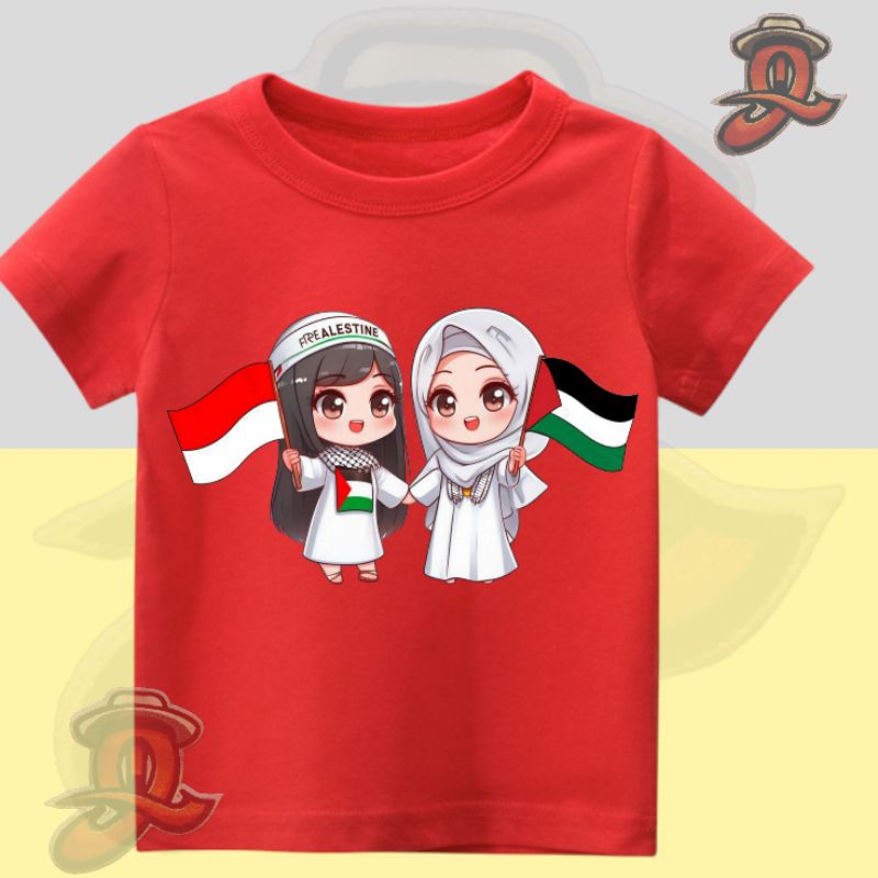 Baju Anak perempuan animasi muslim berdua bendera Palestina Indonesia merah putih