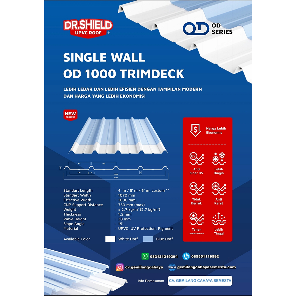 DR.Shield 0D 1000 TRIMDECK - 6 Meter (Single Layer) - Atap UPVC