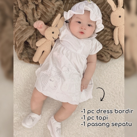 PURE WHITE SET / GAMIS MEWAH Baju NewBorn Dress Rok Topi aqiqah Sepatu Pergi Lucu Fashion Anak Bayi 