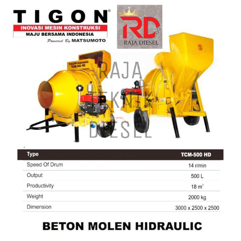 Mesin Molen Tigon TCM-500 HD Pengaduk Beton Hidraulik