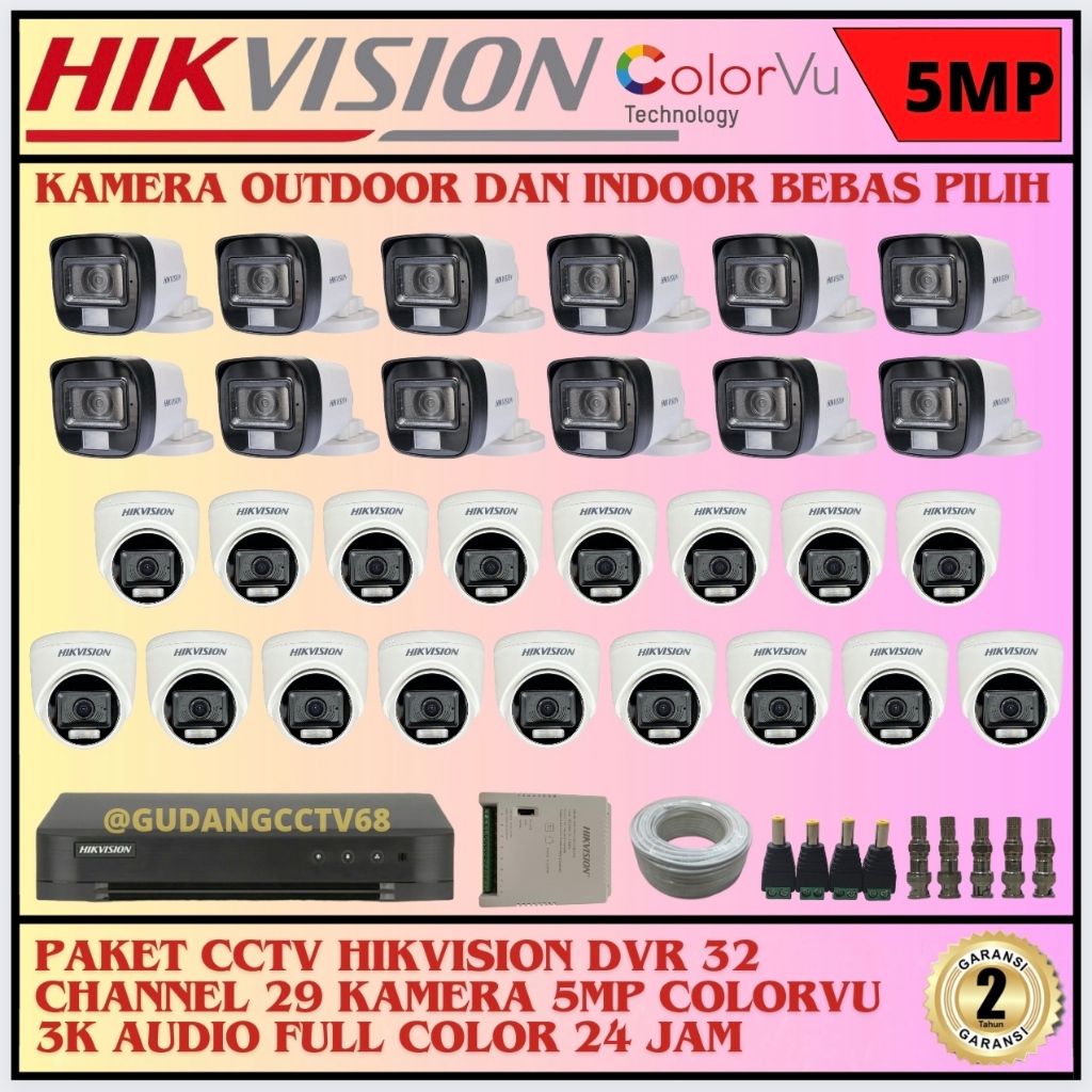 PAKET CCTV HIKVISION DVR 32 CHANNEL 29 KAMERA HIKVISION 5MP FULL COLOUR 3K COLORVU AUDIO SERIES
