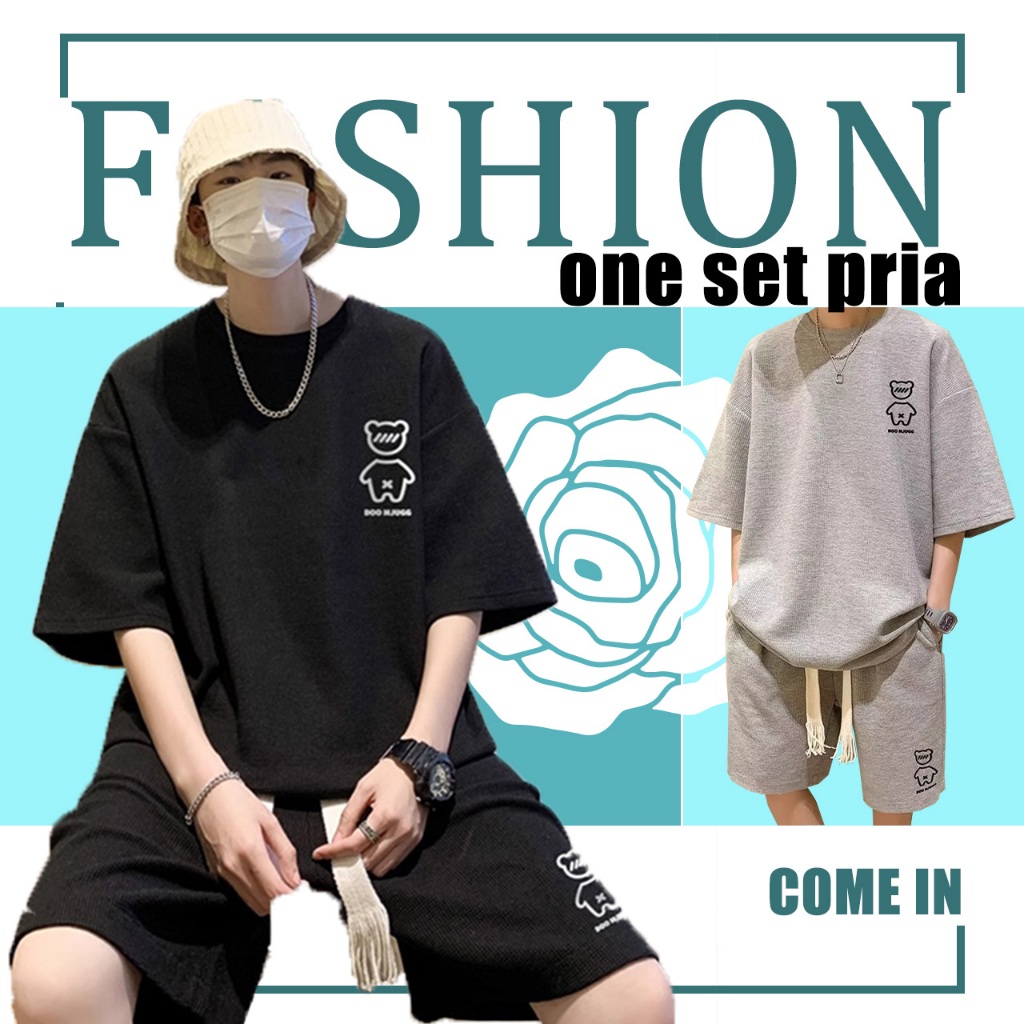 Stelan baju olahraga pria Setelan Berat Lengan Pendek Musim Panas Celana Pendek waffle two casual T-