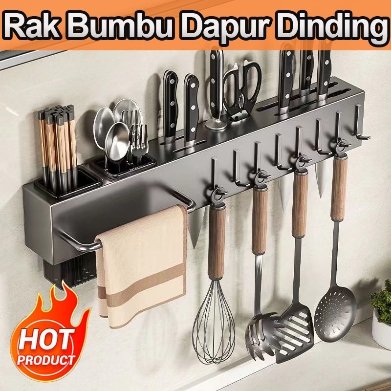 Rak Pisau Dinding Dapur Stainless Steel Gantung Multifungsi Tempel Tanpa Bor Tempat Sendok Garpu