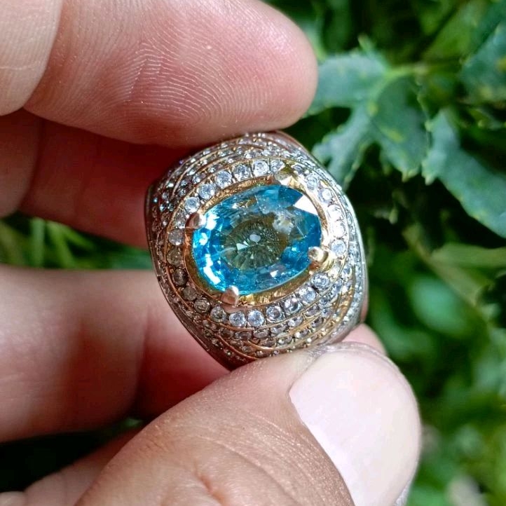 Cincin Perak Batu Permata NATURAL BLUE ZIRCON + Memo (3,70ct)