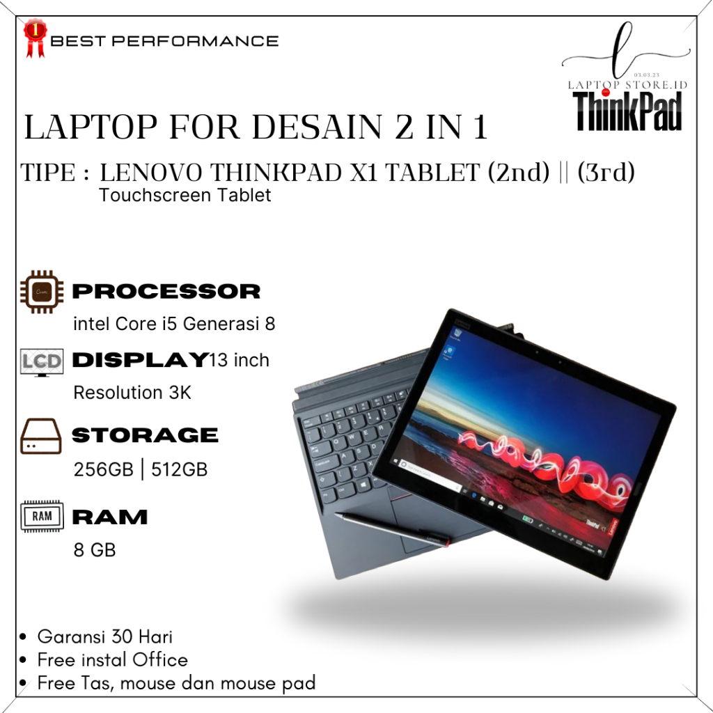 LENOVO THINKPAD X1 TABLET 2ND 3RD INTEL CORE i5 GENERASI 8 | RAM 8GB | SSD 512GB | LAPTOP 2-IN-1 | O