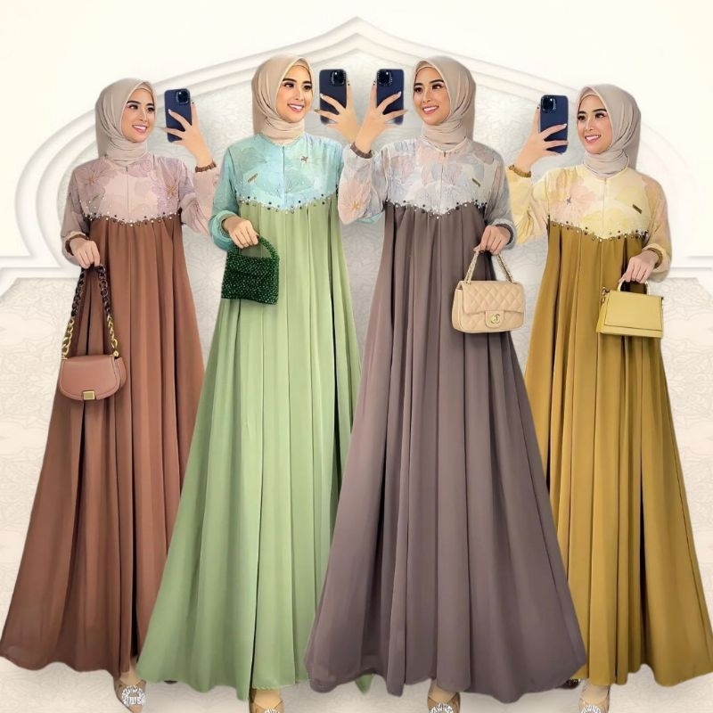 Kifara dress crinkle airflow mix ceruty babydoll aplikasi mutiara motif bunga cantik gamis pesta kon