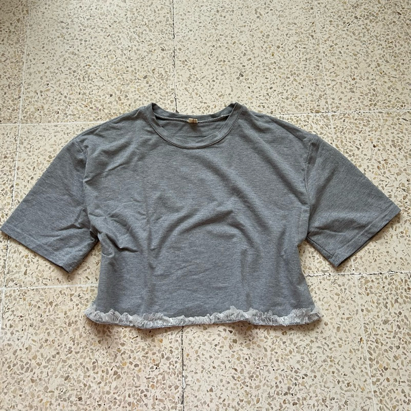 Grey crop top t-shirt crop tee lace korea