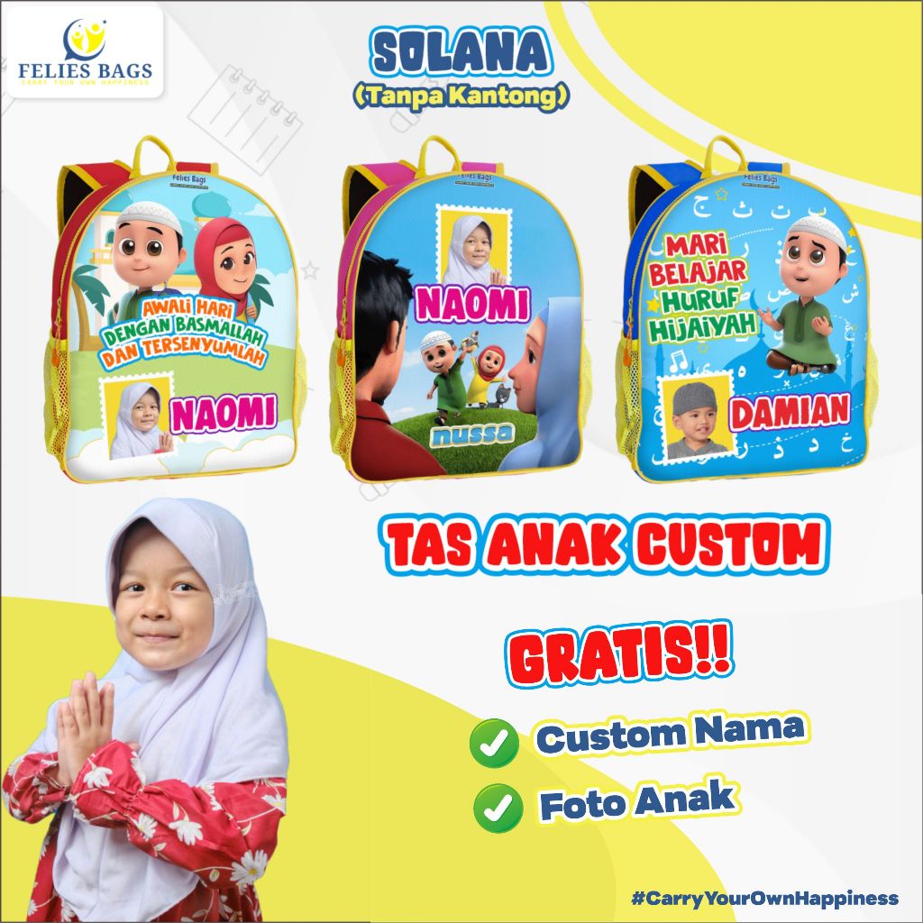 Tas Ransel Anak NUSSA RARA Custom Nama + Foto | FELIES BAGS Tas Anak Custom SOLANA