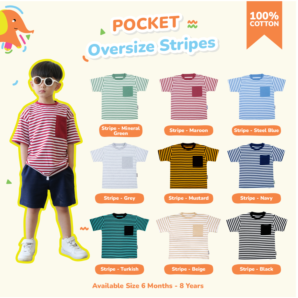 	 Little Me - Kaos Bayi dan Anak Laki Laki Oversize Pocket Strip Salur usia 6 bulan - 8 tahun	