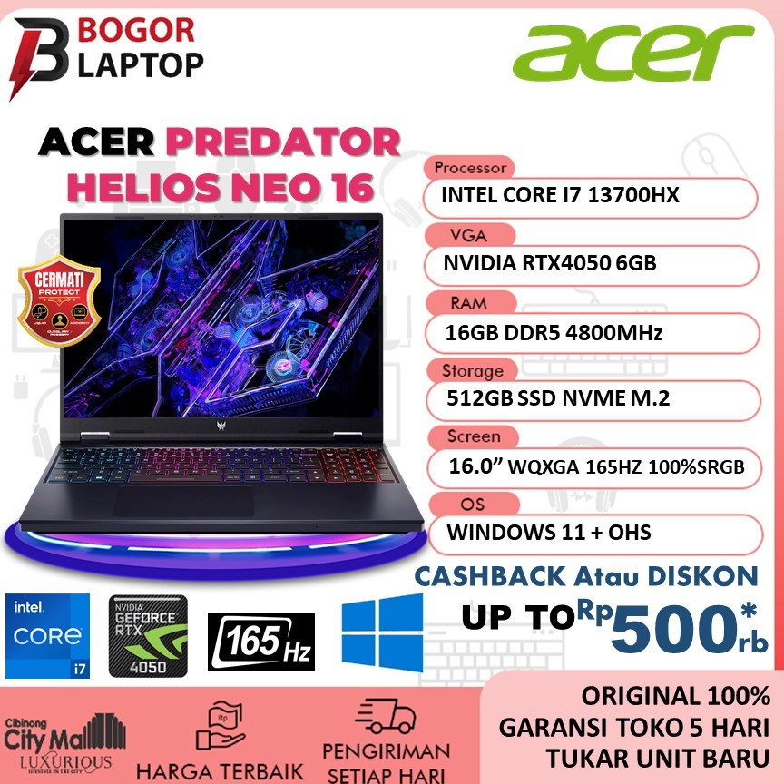 Acer Predator Helios Neo 16 Intel Core i7 gen 13-13700HX RTX4050 6GB/ 32gb DDR5 512GB 100%srgb 16 inch