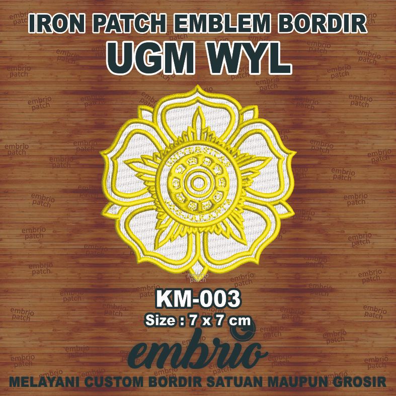 KM-003 Emblem logo UGM Patch bordir Universitas Gadjah Mada - WYL White Yellow - 7cm - Embrio Patch 