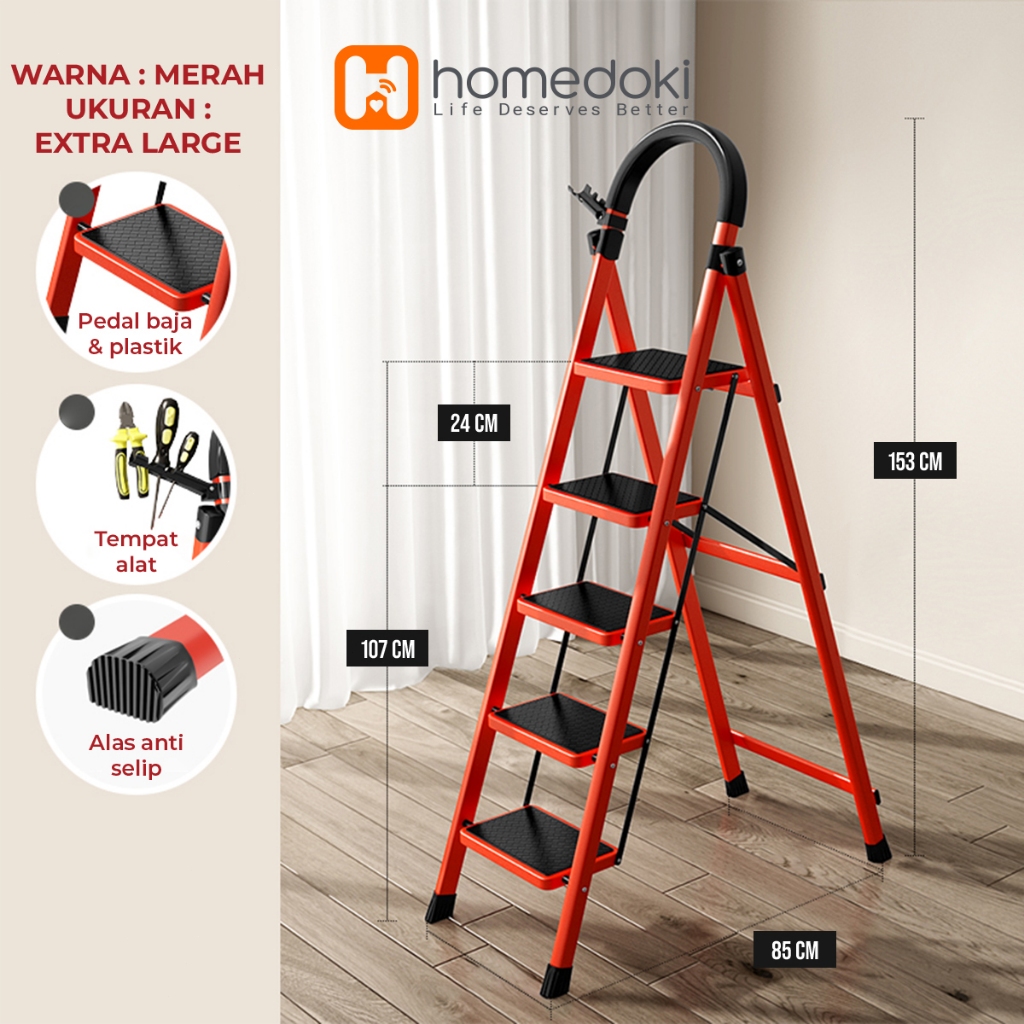 Homedoki Tangga Rumah Lipat Tangga Besi Lipat 3/4 Step Household Steel Ladder/ Tangga Lipat Aluminiu