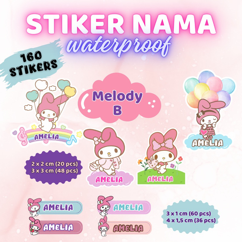 

160 pcs Stiker Nama Sanrio Waterproof anti air minyak untuk alat tulis sekolah stationary buku tepak botol minum anak isi banyak promo
