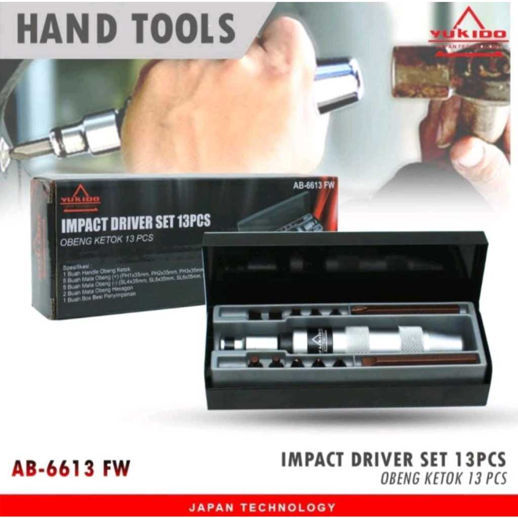 Obeng Ketok Set Impact Screwdriver 13 pcs Set Box Full Besi Mata Obeng Mengandung Magnet YUKIDO JAPA