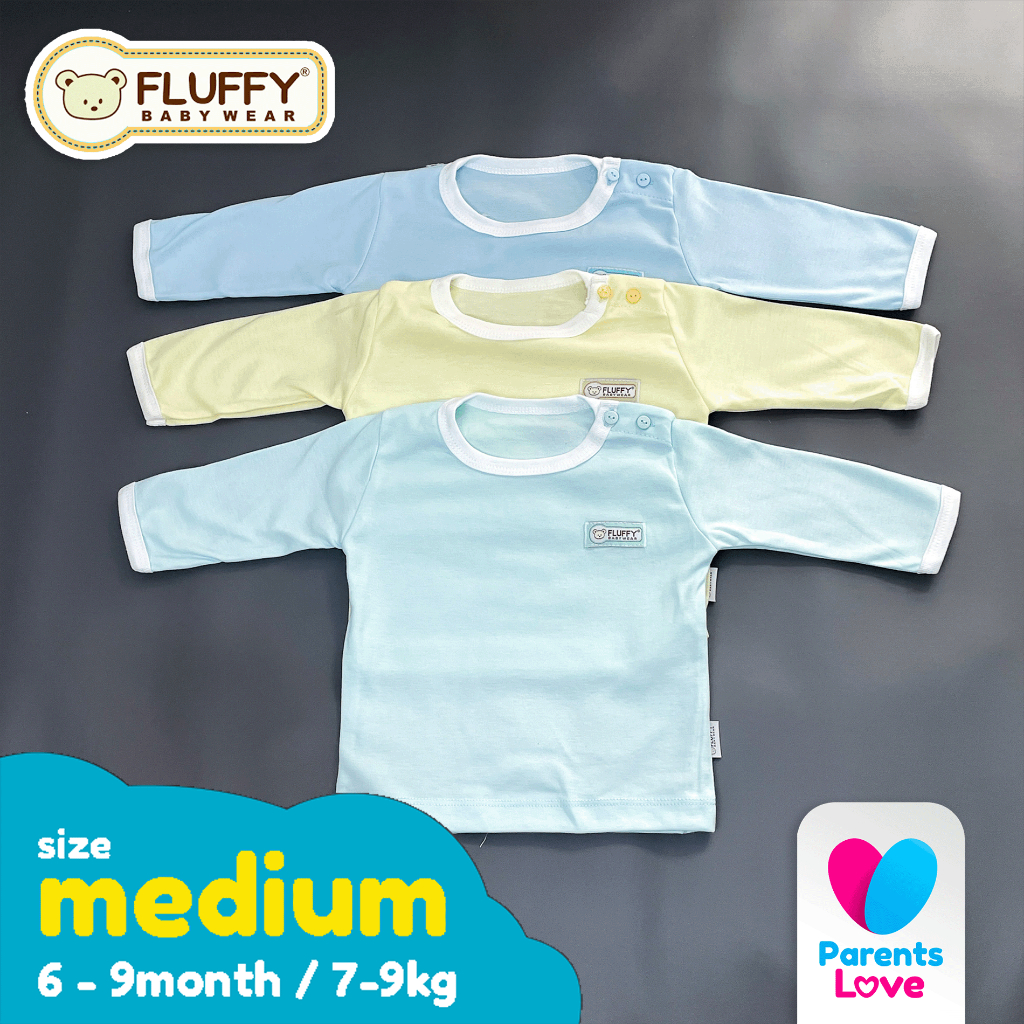 FLUFFY - Baju Lengan Panjang Kancing Bayi 6-9 Bulan | 3pcs | Size M | 3 Warna