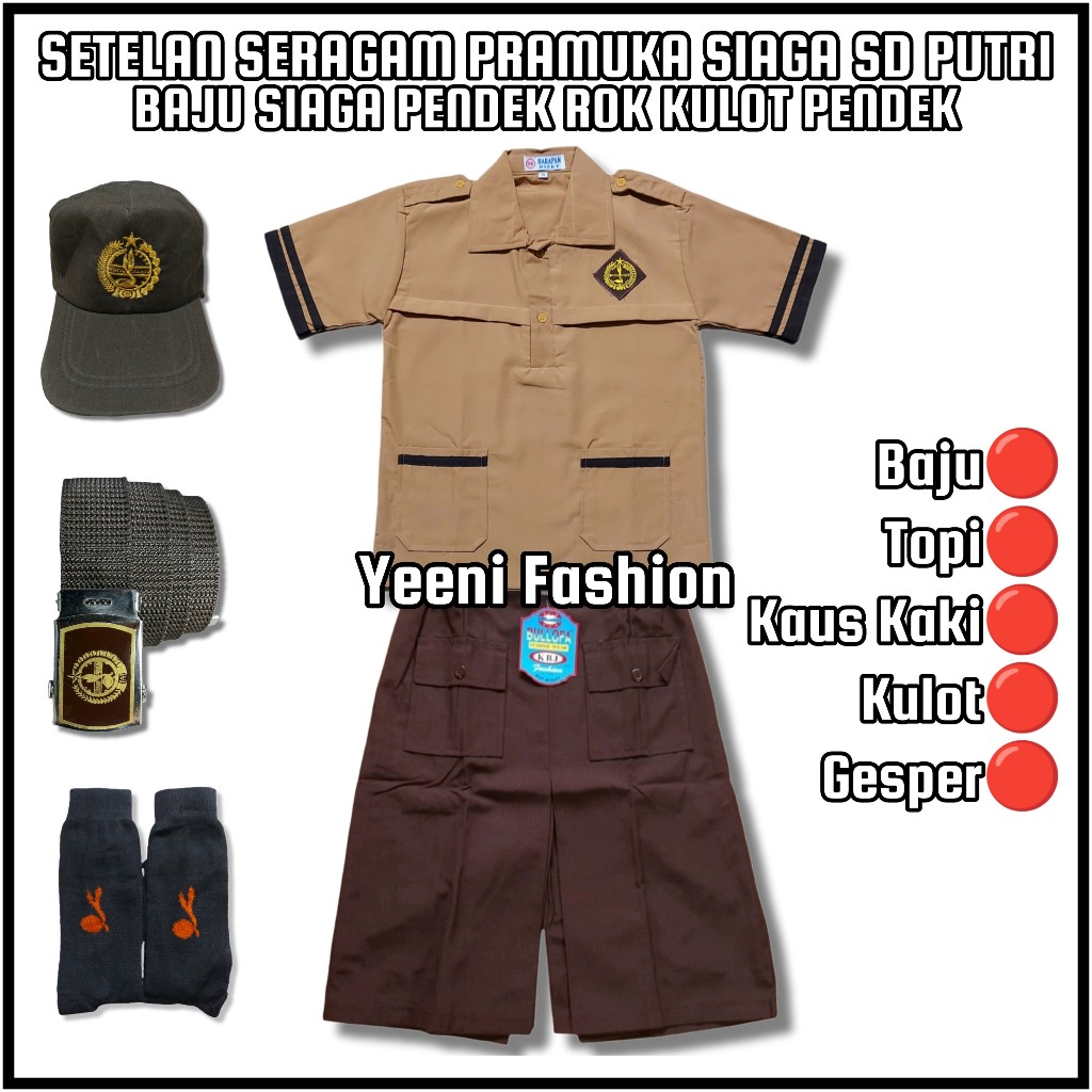 Setelan Seragam Sekolah Pramuka Siaga SD Putri Baju Pramuka Siaga Lengan Pendek Rok Kulot Pramuka Pe