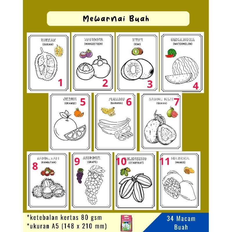 

10 Lembar Mewarnai Buah / Sayuran / Kendaraan A5 untuk ANAK PAUD TK SD