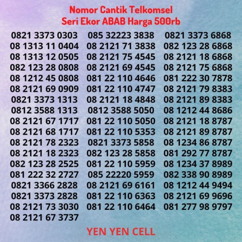 Nomor Cantik Simpati Kartu Perdana Telkomsel Seri Akhiran Ekor ABAB Belakang Versi @500K Buntut 0303