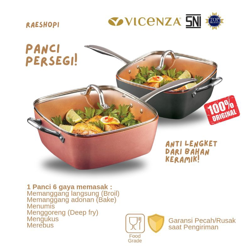 Vicenza Panci Persegi Anti Lengket Bahan Keramik 24 cm VSP24 Rose Gold/Grey
