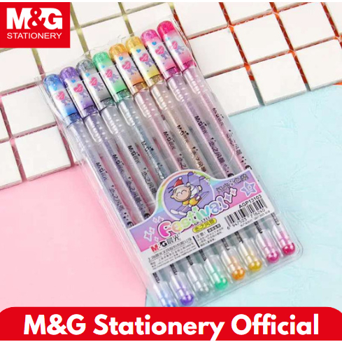 

M&G Glitter Gel Pen 1.0 mm - 1 set 8 Warna Biru Ungu Silver Hijau Orange Kuning Pink Merah #AGP13174