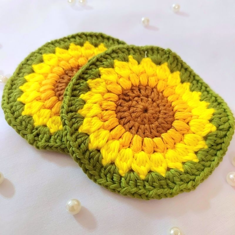 Tatakan Gelas Rajut Crochet Coaster Motif Bunga Matahari/Sunflower