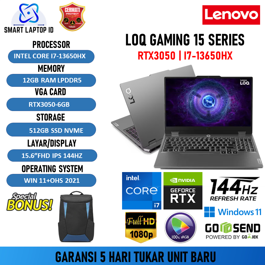 Laptop Baru Lenovo Loq 15 I7 13650HX RTX3050 6GB/ 12GB 512GB W11+OHS 15.6FHD 144HZ 100SRGB