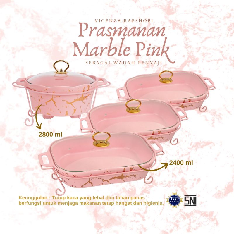 Vicenza Prasmanan Set 3 Wadah Persegi & 1 Bulat Motif Marmer Pink/Hitam/Putih BM680/3 + BM681/1