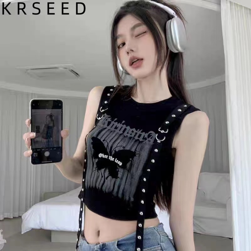 atasan wanita kekinian Rompi Dicetak T-shirt Leher Bulat Huruf  Pendek Ramping korea style