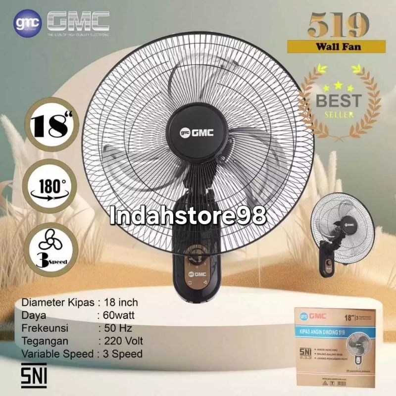 Kipas Angin Dinding GMC 519 Baling Besi 3 Speed Swing Kipas Angin GMC 519 Free Paking Buble